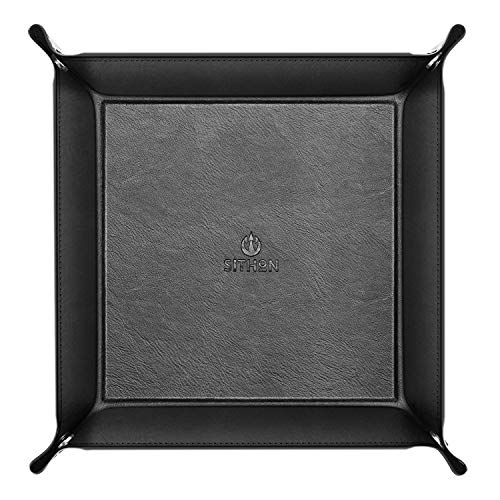 SITHON Valet Tray Desktop Storage Organizer - Multi-Use PU Leather Catchall Tray Bedside Nightstand Caddy Dice Holder for Keys, Phone, Wallet, Coin, Jewelry, Traveling and More, Black