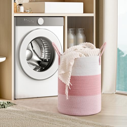 CLHMILY&Z 60L Laundry Basket Round Storage Rope Basket - 15x20.5 Inches - Pink Hamper in Bedreoom and Cute Storage Bin for Blankets, Toys, and Nursery Essentials - color: Pink & White, size: 60L