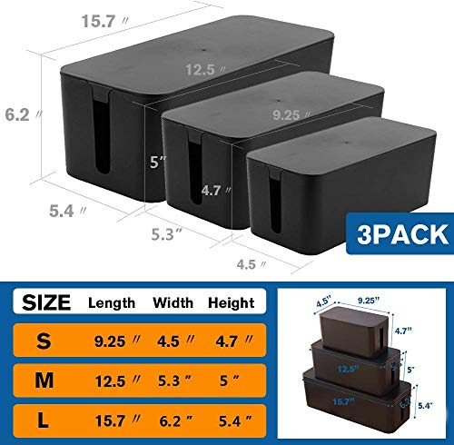 [Set of Three] Cable Management Boxes Organizer, Large Storage Wires Keeper Holder for Desk, TV, Computer, USB Hub, System to Cover and Hide & Power Strips & Cords (Black) - color: Black