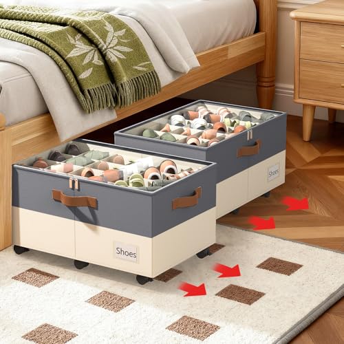Shoe Organizer for Closet, 2 Pack Shoe Storage Organizer with Wheels and Adjustable Dividers, Shoe Storage Box with Clear Cover, Foldable Closet Shoe Organizer Fits up to 24-48 Pairs, Gray and Beige - color: Gray and Beige, size: 25 ½"L x 17"W x 12 ½"H-2