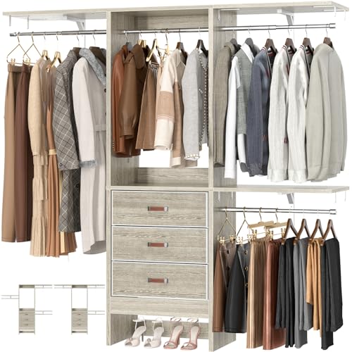 Armocity 5FT Small Closet System with 3 Fabric Drawers, 60'' Walk In Closet Organizer System With 3 Adjustable Shelves, Heavy Duty Clothes Rack Built-In Garment Rack, 59" L x 16" W x 71"H, White Oak - color: White Oak