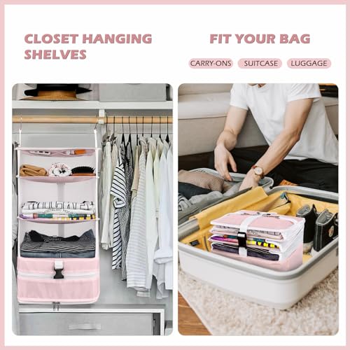 Surblue Hanging Closet Storage Bag Collapsible 3-Shelf Washable Oxford Fabric with 2 Hooks (L 11.41 * 11.41 * 19.68in, Pink) - color: Pink, size: L 11.41*11.41*19.68in