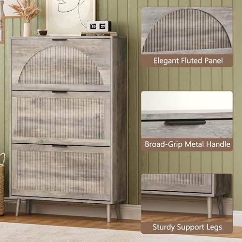 BORNOON Shoe Cabinet for Entryway with 3 Flip Drawers, Slim Wooden Shoe Storage Organizer with Modern Fluted Pannel，Freestanding Narrow Hidden Shoe Rack for Hallway, Foyer, Living Room - color: Grey, size: 3 Flip Drawers