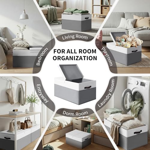 2 Pack EXTRA LARGE Blanket Storage Baskets with Lids, 22”x16”x12” Closet Organizers Bins for Clothes Towel/ Storage Box with Lid Handles/ Stackable Decorative Fabric Bins for Living Room, Nursery - color: White with Grey