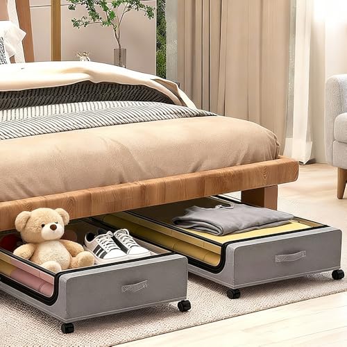 Under Bed Storage with Wheels, 6.7'' Tall Underbed Storage Containers with Lids - Rolling Bins for Shoes Clothes Blankets (Grey, 2-Pack XXL) - color: grey, size: 6.7 inch-height