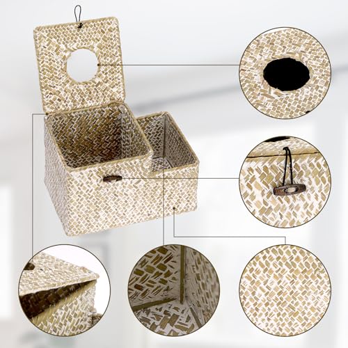 Sumnacon Tissue Box Cover Square Tissue Box Woven Seagrass Tissue Box Holder with Side Organizer, Rustic Tissue Holder for Living Room Bathroom Bedroom Kitchen Office Table Desk, White - color: White