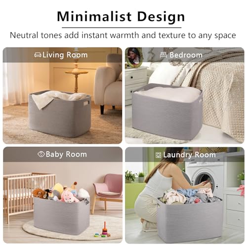 OIAHOMY 118L XXXLarge Cotton Rope Storage Basket, Oversized Blanket Basket, Used for Organizing Dirty Clothes in Living Room, Bedroom, Nursery, Dog Toy Storage Bins, 25" x 17" x 16",Grey - color: Grey