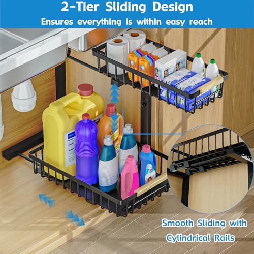2Pcs Under Sink Organizer, Adjustable Under Sink Organizers and Storage, 2-Tier Pull Out Under Kitchen Sink Organizer, Sliding Out Metal Under Bathroom Sink Organizer for Kitchen Pantry Black - color: Black