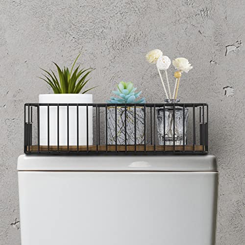 MyGift Toilet Paper Roll Holder Basket, Industrial Matte Black Metal Wire and Rustic Burnt Wood Above Tank Bathroom Toiletries Storage Organizer Vanity Basket - color: Black / Dark Brown