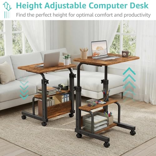 WINAZ C Shaped Rolling Laptop Desk - 24" Rustic Brown Mobile Kids Desk with Wheels for Small Spaces, Height Adjustable Overbed Table with 2-Tier Storage Shelves - color: Rustic Brown