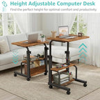 WINAZ C Shaped Rolling Laptop Desk - 24" Rustic Brown Mobile Kids Desk with Wheels for Small Spaces, Height Adjustable Overbed Table with 2-Tier Storage Shelves - color: Rustic Brown