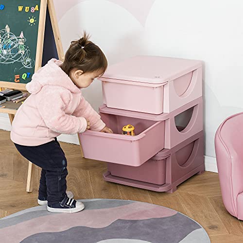 Qaba 3 Tier Kids Storage Unit, 3 Drawer Chest Toy Organizer Plastic Bins for Kids Bedroom Nursery Kindergarten Living Room for Boys Girls Toddlers, Pink - color: Pink, size: 14.5" X 14.5" X 22.25"