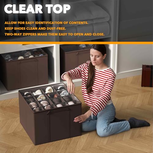 SpaceAid Shoe Organizer for Closet, 2 Pack Foldable Shoe Storage Containers Baskets Boxes Bins w/Adjustable Dividers, Fits 16-32 Pairs, Brown - color: Brown
