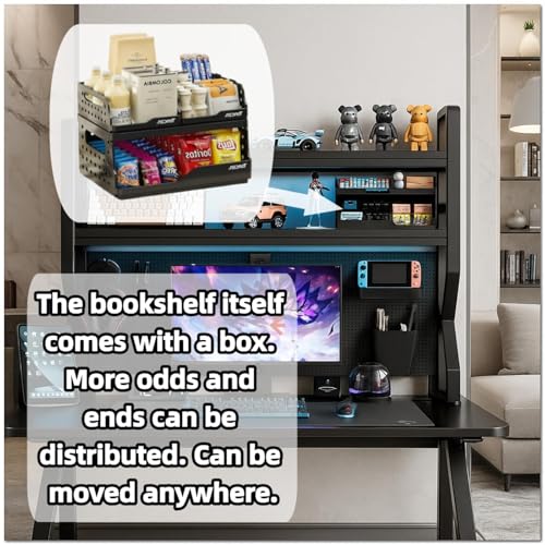Desktop Hutch Bookshelf,Many Gifts,Metal Desktop Bookcase with pegboard, Desk Shelf, Countertop Storage Organizer Rack for Dorm or Office,Desktop Shelves (Black, 45.3" Lx9.9 Wx39 H) - color: Black, size: 45.3" Lx9.9 Wx39 H