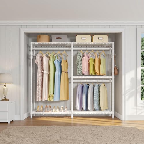 VIPEK V4 Garment Rack for Hanging Clothes, Portable Wardrobe Freestanding Closet Organizer, Heavy Duty Clothes Rack Metal Clothing Rack with 3 Hanging Rods & 2 Side Hooks, Max Load 810lbs, White - color: White, style: V4