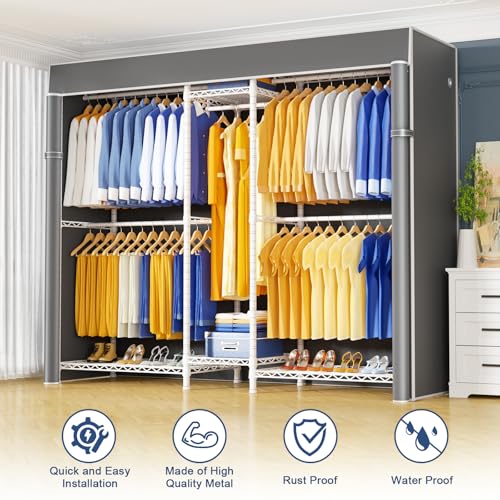 Ulif E12C Pro Heavy Duty Closet Organizer System，Freestanding Clothing Racks for Hanging Clothes，Adjustable Garment Rack 71"W x 16"D x 76.5"H Hold 960lbs，White Clothing Rack with Grey Dustproof Cover - color: White Rack With Grey Cover, size: E12C Pro