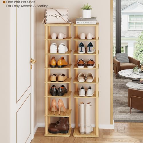 LUCKNOCK Vertical Shoe Rack, 8-Tier Tall Narrow Shoe Organizer for Entryway, Closet, Dorm & Small Spaces, Freestanding Wooden Shoe Shelf Tower for Boots, Sneakers, Heels. (Natural) - color: Natural