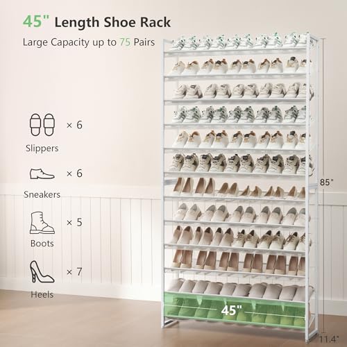 Nunsino Shoe Rack, Long Shoe Organizer,Max Holds 75 Pairs,12 Tier Metal Shoe Storage Shelf,6-Tier Stackable Shoes Organizer for Garage, Entryway,White - color: White, size: 12 Tier