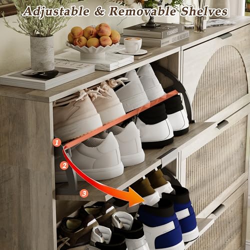 Shoe Storage Cabinet with 3 Flip Drawers, Narrow Wood Shoe Organizer Cabinet with Fluted Panel, Slim Shoe Rack for Entryway, Freestanding Shoe Cabinet for Living Room, Hallway, Grey - color: Grey, size: 3-Drawers