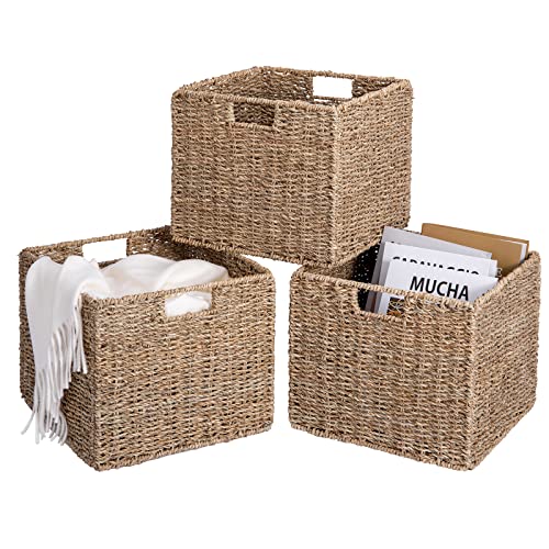 Seagrass Storage Baskets, 12X12X10in Cube Wicker Storage Basket for Shelves, Pantry Baskets Organization and Storage, Kitchen Storage Baskets, Bathroom Shelves Storage Basket Set of 3 - color: Seagrass