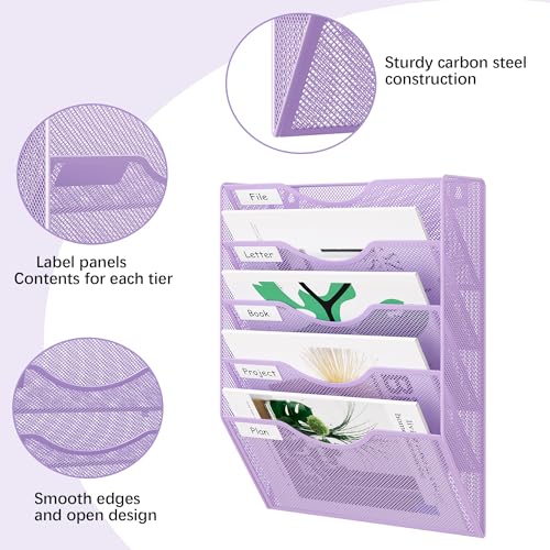 EasyPAG Wall File Organizer 5 Tier Hanging Paper Folder Holder, Zero Assembly Metal Mesh Wall Mounted Mail Organizer for Office Home Classroom Narrow Spaces, Puple - color: Purple, size: 5 Tier