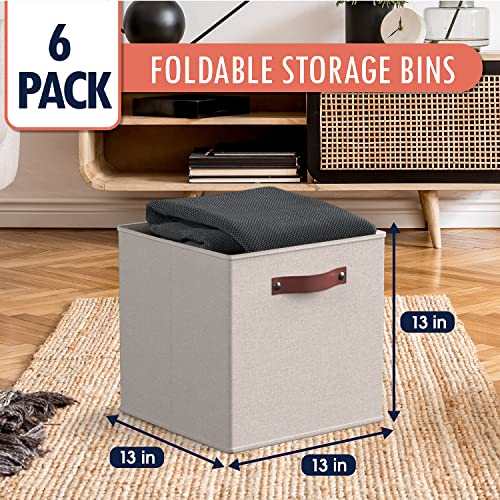 Ornavo Home 13 x 13 Storage Cube Bins, Foldable Collapsible Fabric Storage Bins Box Linen Shelf Basket Cube Organizer for Closet with Leather Handles, 6 Pack, Beige - color: Beige, size: Cube - 13 x 13 x 13
