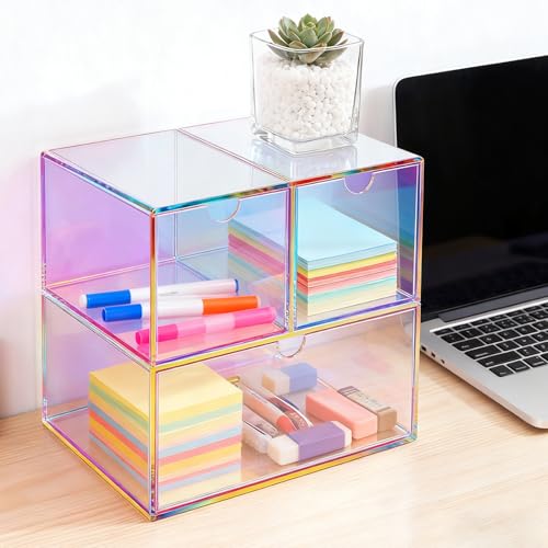 Gelite Desk Organizer with 3 Storage Drawers for Makeup Office Acrylic Desktop Drawer Organizer for Vanity Office Organization and Storage Box, Iridescent - color: Iridescent