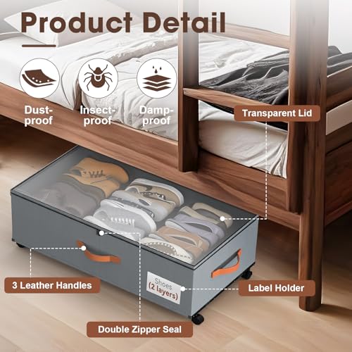 Eastherry Under Bed Storage Containers with Wheels, 9.5 inches Higher Underbed Shoes Blankets Clothes Toy Storage Drawers for College Dorms Bedrooms Nursery Rooms Organization, 2 Pack to be Assembled - color: Grey