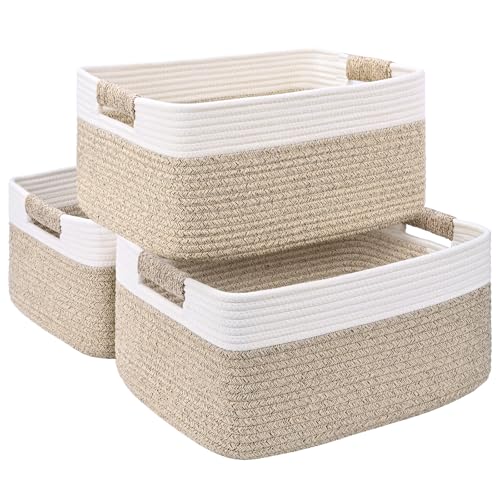 3 Pack Large Storage Basket for Organizing, 17.5"x13"x7" Woven Basket for Shelves, Closet Cube Storage Bins with Wrapped Handle, Cotton Rope Baskets for Kitchen, Clothes, Toys(Off White & Brown) - color: Off White & Brown, size: 3 Pack