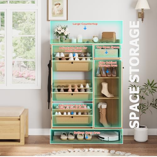 GarveeHome Shoe Cabinet Rattan with 3 Flip Drawers and 4-Tier Shoe Storage Cabinet, Freestanding Shoe Organizer with Adjustable Shelves for Entryway, Closet, Hallway (Light Oak) - color: Light Oak, size: 3-Drawers + 1-Door