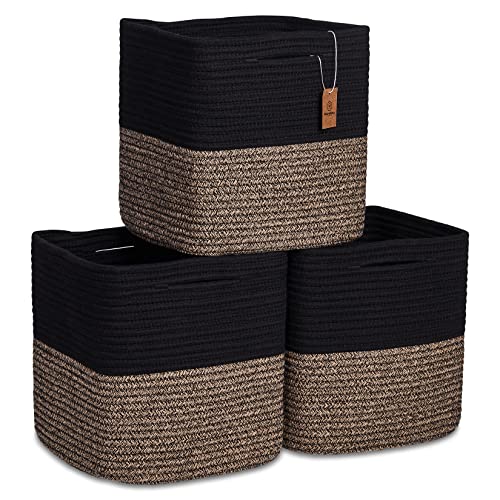 NaturalCozy Storage Cubes 11 Inch Cotton Rope Woven Baskets for Organizing, 3-Pack | Cube Storage Bin | Square Storage Baskets for Shelves Organizer, Classroom, Kids Toy Bins, Closet, Baby Nursery - color: Black & Mixed Black