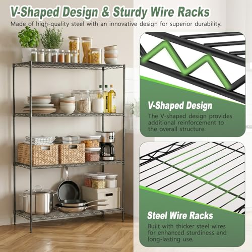 BestOffice 4-Tier Wire Shelving Unit, 800 LBS Heavy Duty Metal Storage Shelves, Adjustable Wire Shelf for Garage, Kitchen, Pantry, Utility Shelving Rack with Leveling Feet, Black - color: Black, size: 35"D x 13.4"W x 53.7"H