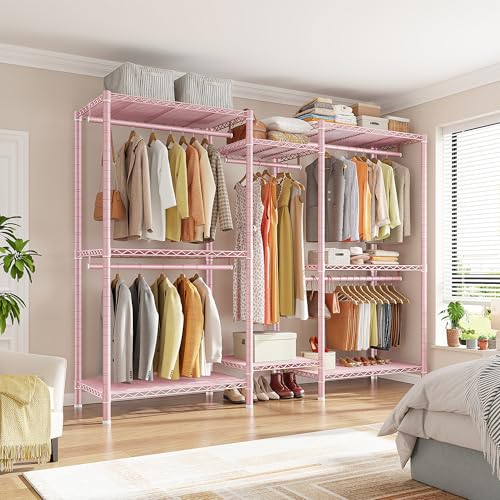 Raybee Clothes Rack, Clothing Racks for Hanging Clothes, L Shaped Clothing Rack for Corner 900LBS Heavy Duty Clothes Rack Garment Rack 74.5" W X 18" D X 77" H, Pink - color: Pink, style: Large Clothes Rack