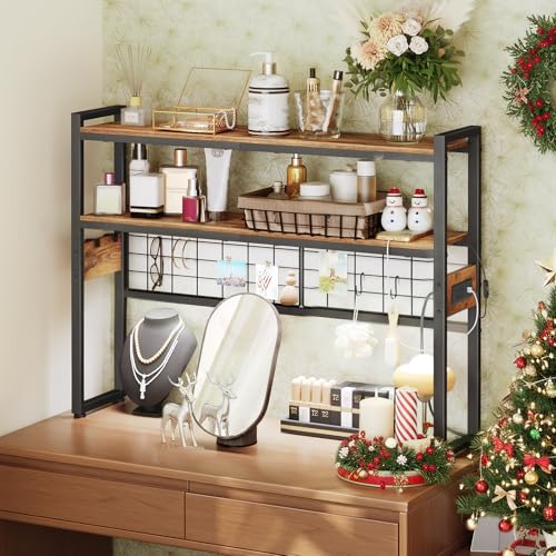 HOOBRO Desktop Bookcase, 2-Tier Desktop Organizer, 29.9" Wooden Office Storage Rack with Outlets, Display Shelf Rack with Light Strip, Desk Hutch for Office, Rustic Brown BF11UDSJ01 - color: Rustic Brown+black, size: 29.9"D