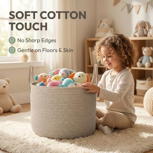 JMvicyroam 115L Extra Large Blanket Basket for Living Room - Woven Cotton Rope Laundry Hamper with Reinforced Handles - Storage Bin for Pillows, Comforters & Toys - Machine Washable,Oatmeal - color: Oatmeal, size: 115L