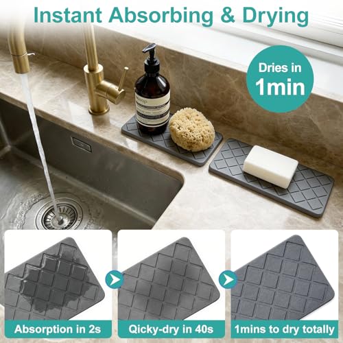 Water Absorbing Stone Drying Tray for Kitchen Counter Decor Bathroom Sink Organizer Soap Dish Dispenser Tray Diatomite Stone Fast Quick Drying Mat Bathroom Vanity Trays Sponge Holder Drink Coasters - color: Dark Grey Quilted