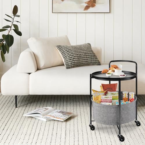 Round Metal Side Table with 2 Tiers of Storage and Wheels, Cart Side Table Tray for Living Room, Bedroom, Black - color: Black