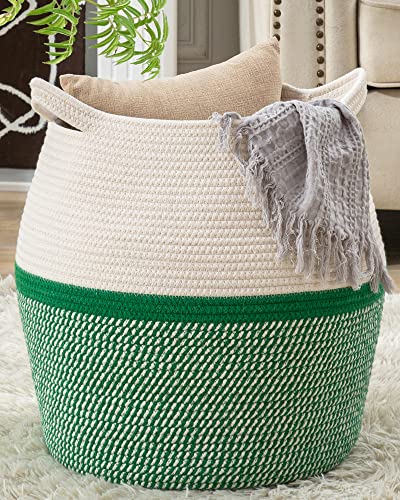 KAKAMAY Woven Baskets for Storage(17"x17"),Large Cotton Rope Woven Baby Laundry Hamper,Collapsible Laundry Basket, Blanket Basket for Organizing Living Room,Nursery,Pillows,Toy Chest(Green) - color: Green