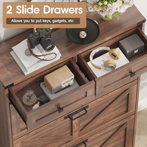 Halitaa Shoe Cabinet with 3 Flip Drawers & 2 Drawers,Freestanding Shoe Storage Cabinet for Entryway,Farmhouse Narrow Slim Organizer Rack for Foyer,Hallway,Dark Walnut - color: Dark Walnut, style: 3-Drawers