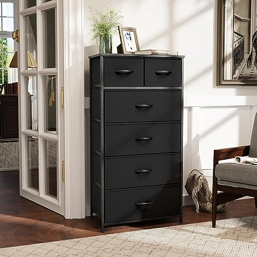 Fabric Dresser for Bedroom, Tall Skinny Dresser with 6 Drawers, Storage Organizer Tower, Steel Frame Wooden Top for Closet, Living Room, Hallway, Nursery(Black) - color: Black
