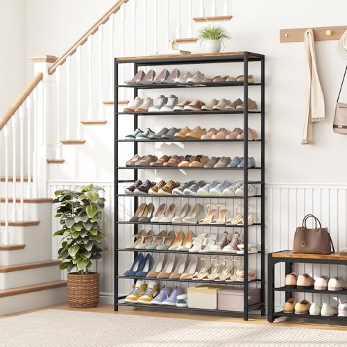 HOMEFORT 10 Tiers Shoe Rack Organizer,39.4" Shoe Storage Shelf for Closet, Shoe Rack for Entryway,Holds 45-50 Pairs of Shoe, Tall Shoe Stand with Metal Shelves and MDF Top Board,Rustic Brown - color: Rustic Brown, size: 10-Tier (11.8"D x 39.4"W x 70.47"H)