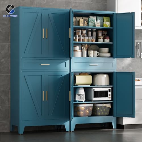 COFaR 71 in Tall Kitchen Pantry Cabinet with Drawer, Metal Pantry Storage Cabinet with 4 Adjustable Shelves and 4 Barn Doors, Freestanding Farmhouse Food Cupboard for Dining Room, Peacock Blue 6-Tier - color: Peacock Blue, size: 71 Tall 4 Doors 1 Drawer-F