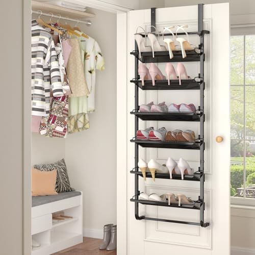 BUKFEN 6 Tier Adjustable Heavy Duty Metal Shoe Rack, Door Hanging and Wall Mount Organizer for Closet, Bedroom, Entryway, Laundry, Apartment, Small Spaces, Space Saving Solution for Busy Homes