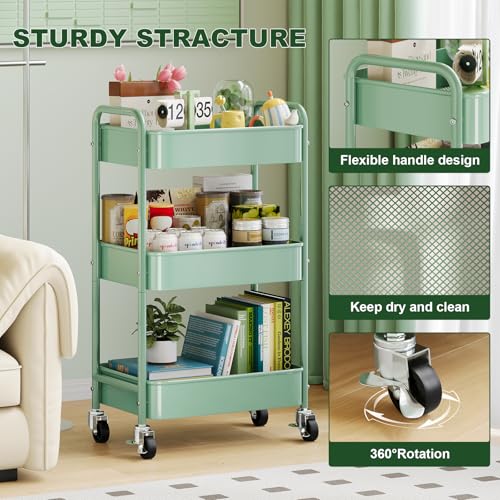 3 Tier Rolling Storage Cart Metal with Wheels, Green Baby Diaper Caddy Carts, Three Tiered Craft Cart Organizer on Wheels, Utility Roller Trolley for Art, Book, Snack, Office, Laundry, Bathroom Shelf - color: Sage Green, size: 3-Tier + Cups + Hooks