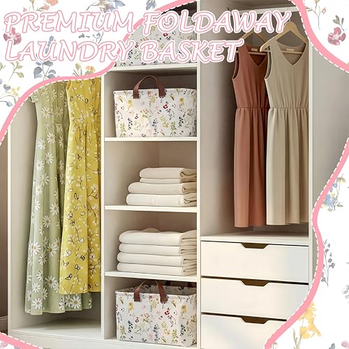 Boao 3 Pcs Watercolor Wildflowers Storage Bin Wildflowers Collapsible Large Storage Baskets for Gifts Canvas Laundry Basket Foldable Box with Handle for Office Home Bedroom Clothes - style: Light Wildflower