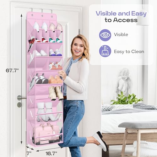 MISSLO Clear Over the Door Shoe Organizer Large Deep Pockets Hanging Shoe Rack for Closet Fit 20 Pairs Shoe Holder for Sneakers Boots Storage, Pink - color: Pink