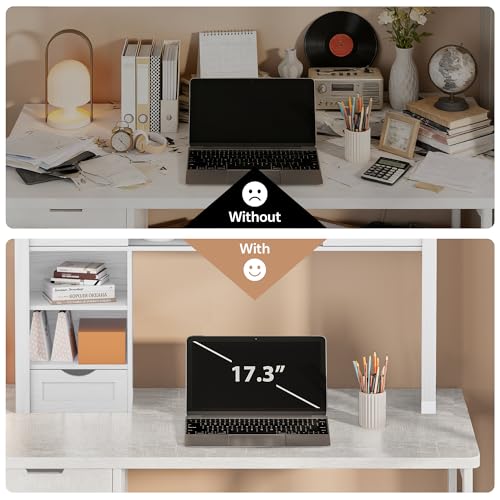 Large Desktop Bookshelf with Sliding Barn Door, 47.2''W Desk Shelf Display Rack, Desktop Organizer Storage Rack with 7 Cubbies and Drawer, Home, Desk Shelf for Office, Dorm, Vanity, White - color: White, size: 47.2''W