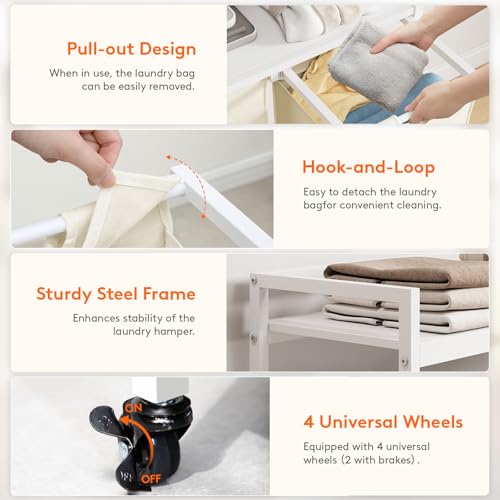 Lifewit Laundry Hamper 4 Section, 168L Pull out Laundry Clothes Basket Organizer with Large Top Shelf and 4 Removable Bags and Handles for Laundry Room Bedroom Bathroom, White with Shelves and Wheels - color: White, style: Laundry hamper with shelves and