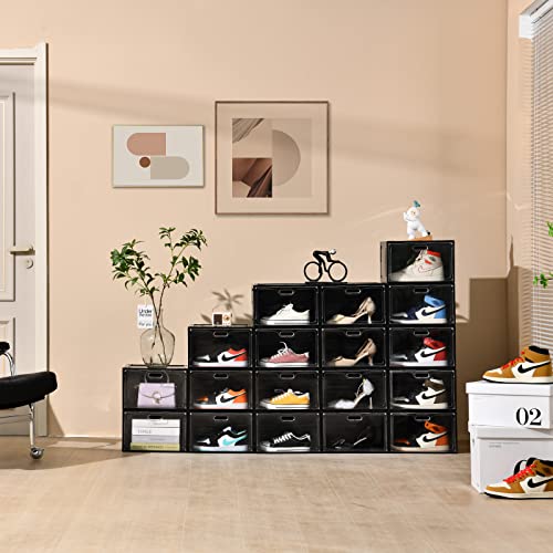 Amllas 8 Pack Shoe Boxes Black Plastic Stackable, Large Shoe Storage Organizer,Drop Side Front Shoe Containers for Entryway,Sneaker Storage Fit up to US Size 13 for Men/Women(13’’x 10.6”x 8.3”) - color: Black