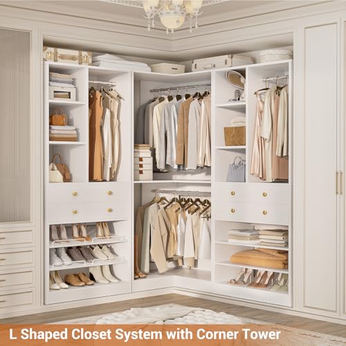 Besiost Closet System with 4 Drawers and Hanging Rods, 59.5"L / 87"L Closet Organizer System with Corner Tower, L Shaped Walk-in Closet System, Corner Closet System with Shelves, Set of 3, White - color: White, size: 59.5" * 59.5"